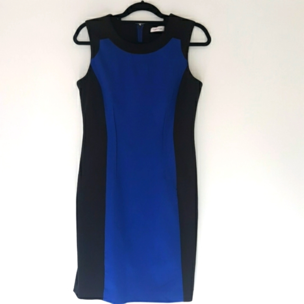 Calvin Klein Black and Blue Sheath Dress. Size Medium